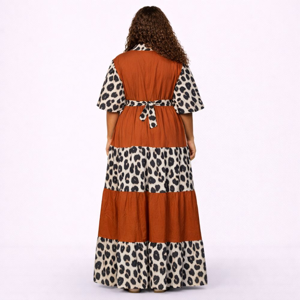 Leopard Print Panel Maxi Dress with Rust Brown